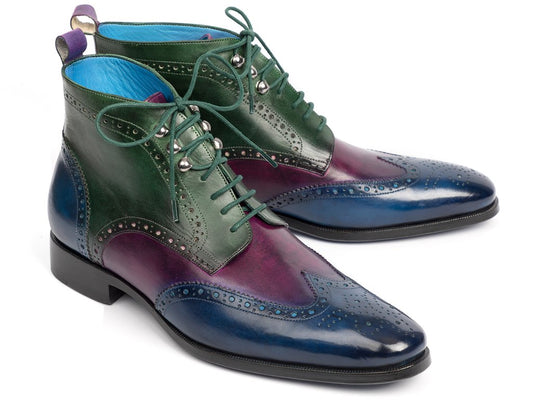 Introducing the Paul Parkman Wingtip Ankle Boots Three Tone Blue Purple Green - 777-BLU-PRP by Paul Parkman. These hand-painted leather boots boast a gradient design in vibrant shades of blue, green, and purple, complemented by laces and decorative perforations. Perfect for those looking to make a unique style statement.