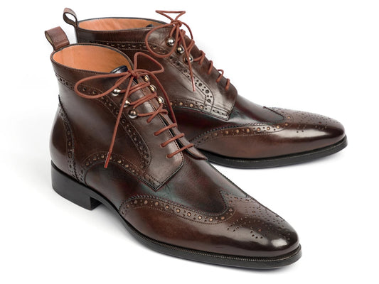 Paul Parkman Wingtip Ankle Boots in brown, model CH777BRW, are crafted from hand-painted leather with intricate perforations and feature brown laces.