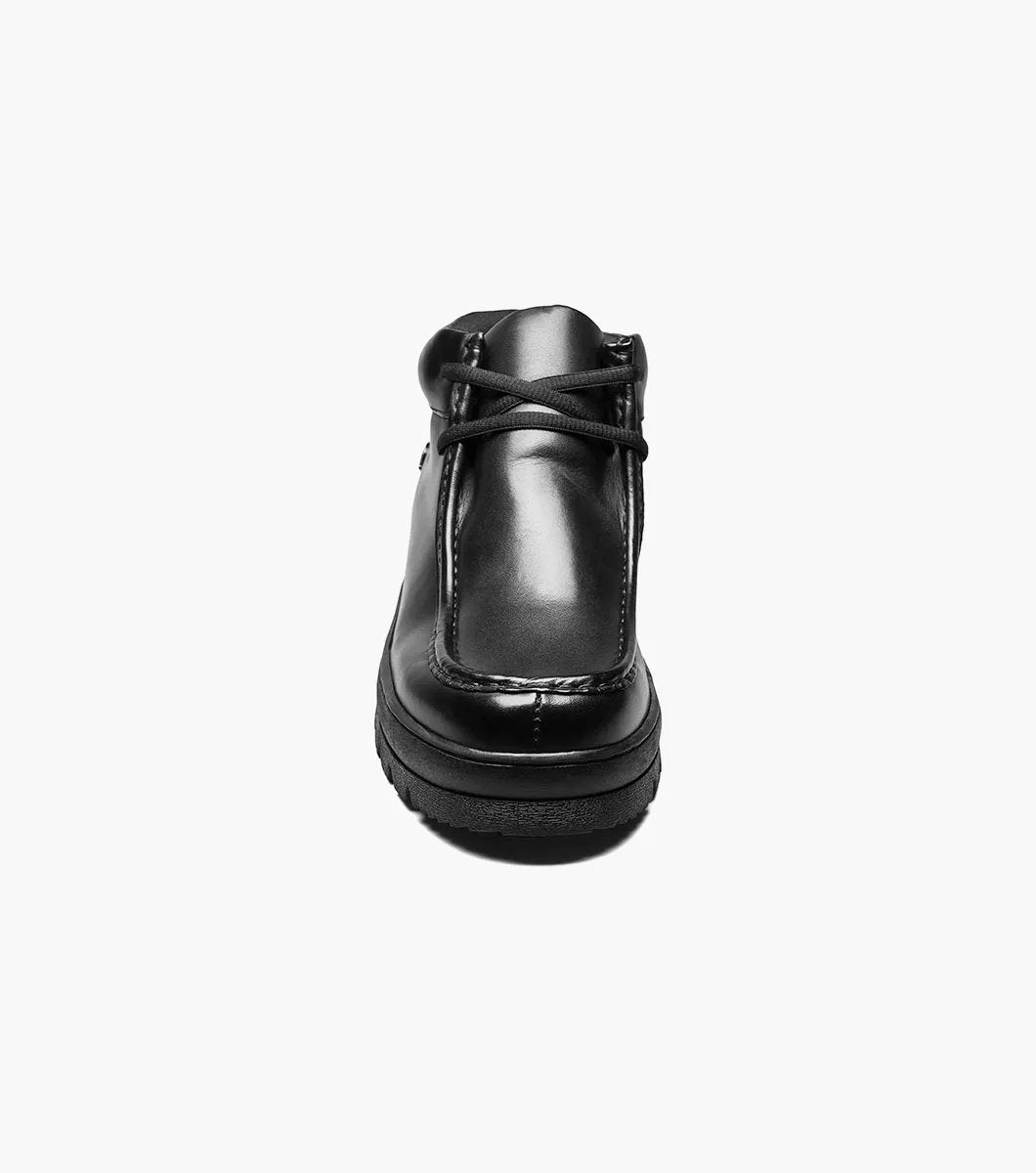 The STACY ADAMS Dublin II Moc Toe Boot (Black Smooth, 63169-57) features a lace-up design, thick textured sole, and classic moc toe style, shown here against a plain white background.