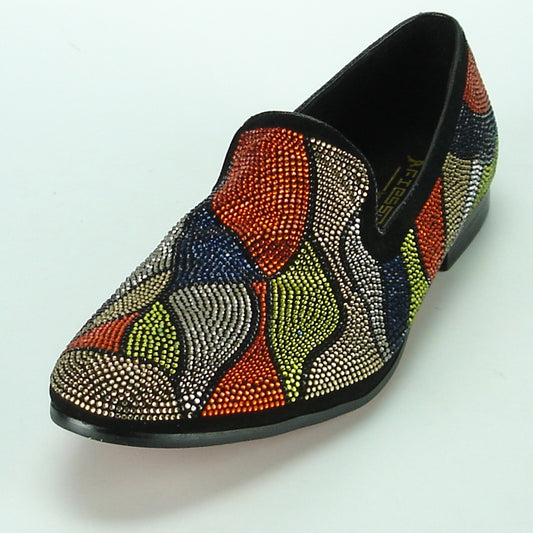 The Fiesso by Aurelio Garcia's FI-7068 multicolored beaded loafer, featuring a leather upper and black sole, creates a striking contrast against a plain background.