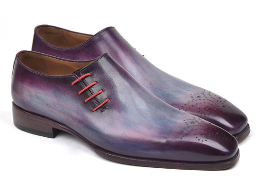 A pair of Paul Parkman Side Lace Oxfords in purple leather featuring red laces and decorative perforations on the toe caps.