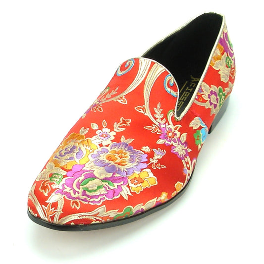 The FI-7151 Red Fiesso by Aurelio Garcia slip-on loafer features vibrant floral and paisley designs, making it a remarkable fashion statement.
