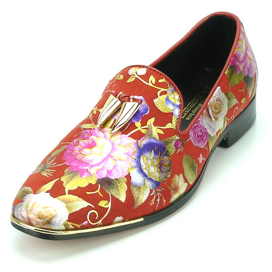 The FI-7155 Red Fiesso by Aurelio Garcia from the brand Fiesso features a red floral fashion shoe adorned with a gold buckle, black heel, vibrant rose patterns, and a cushioned insole for enhanced comfort.