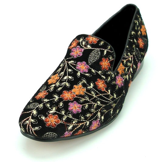 Enhance your sophisticated style with the FI-7174 Black Fiesso by Aurelio Garcia. This shoe boasts vibrant floral embroidery in orange, pink, and gold, while its convenient slip-on design adds a modern touch of comfort.