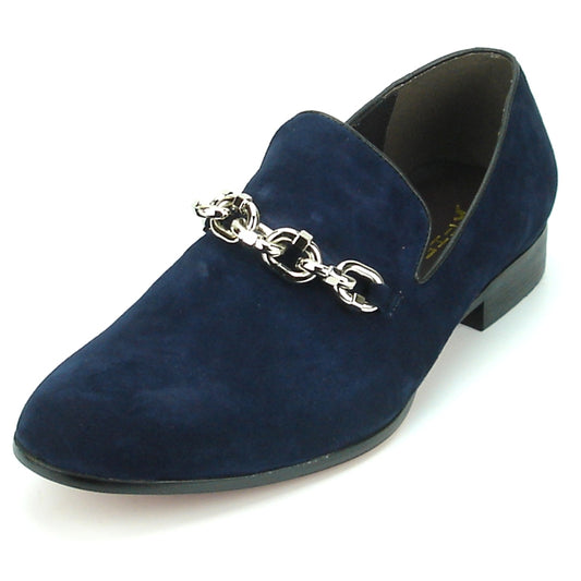 Introducing the FI-7191 Navy Fiesso by Aurelio Garcia, a chic fashion shoe with a navy suede upper, embellished with a silver chain detail on the front and completed with a low black heel. From the renowned brand Fiesso, this stylish piece is perfect for any occasion.