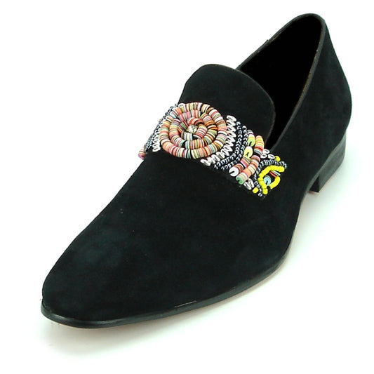 Introducing the FI-7193 Black Suede Fiesso by Aurelio Garcia: a chic black suede fashion shoe from Fiesso, embellished with a vibrant beaded design on the upper and equipped with a cushioned insole for enhanced comfort.