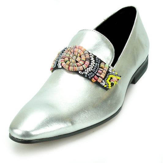 The FI-7193 Silver Fiesso by Aurelio Garcia features a silver design with a vibrant beaded ornament on top and a cushioned insole for enhanced comfort.