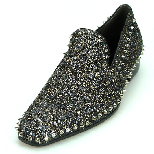 The FI-7198 Black Fiesso by Aurelio Garcia Shoes from Fiesso is a true fashion statement, featuring a black slip-on leather design that glistens with glitter and is adorned with metal spikes along the edges and top.