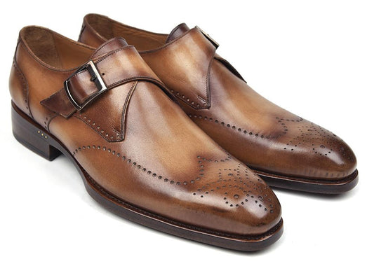 Presenting the Paul Parkman Wingtip Single Monkstraps in Brown & Camel (98F54-BRW), these handmade dress shoes showcase decorative perforations and buckles. Crafted from hand-painted leather with a polished finish and low heels, they offer both style and sophistication.