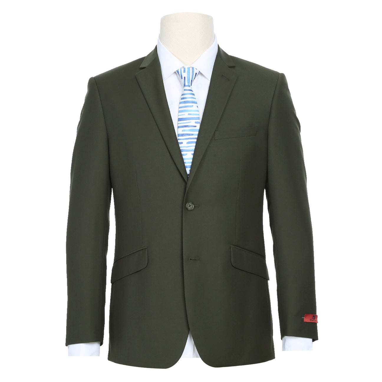 The Alessandro Vitello by Renoir 2-Piece Slim Fit Single Breasted Notch Lapel Olive Suit 201-10 is shown, featuring a slim-fit, single-breasted blazer with matching trousers set against a white background.