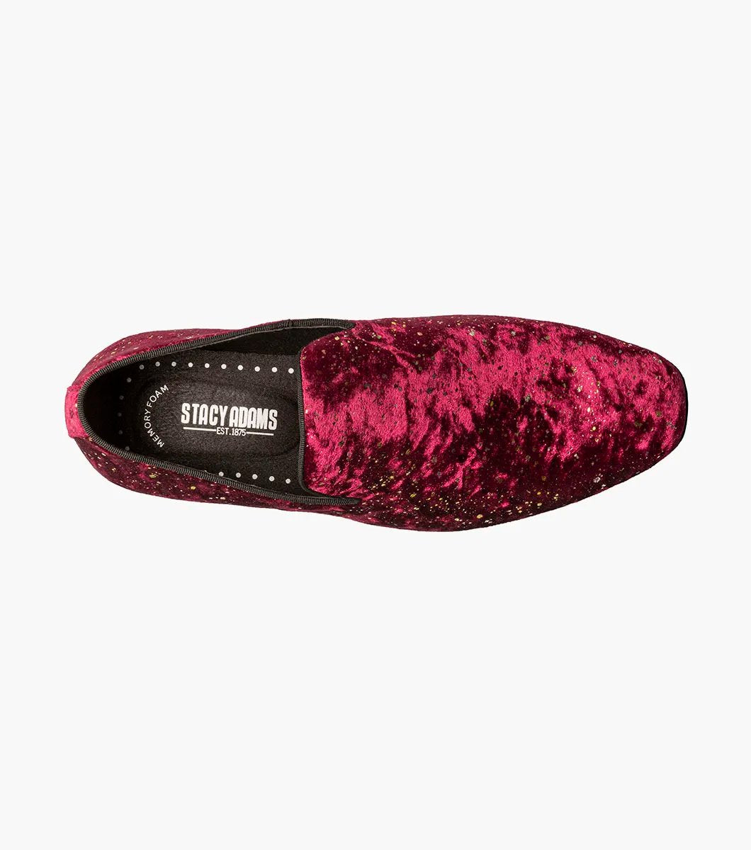 The STACY ADAMS Stellar Plain Toe Glitter Slip On in Burgundy (25534-601) features red velvet with gold glitter, black trim, a low black heel, and a Memory Foam footbed for comfort, shown on a white background.