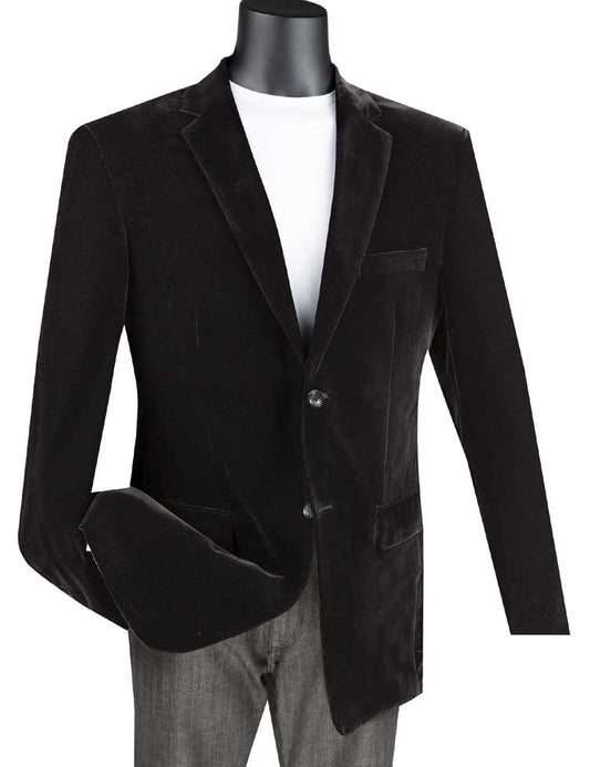 A mannequin displays Vinci Suits' Velvet Regular Fit Fashion Jacket (Black) B-27, paired with a white shirt and gray pants, highlighting the blazer's luxurious velvet fabric and notch lapel.