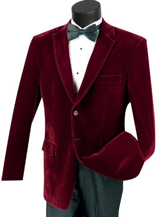 A sophisticated VINCI Suits Velvet Regular Fit Fashion Jacket in wine, paired with a crisp dress shirt, black bow tie, and regular fit pants, elegantly displayed on a mannequin.