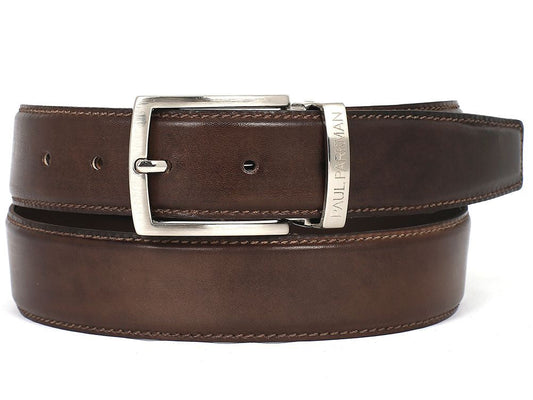 Paul Parkman Men's Handmade Leather Belt, hand-painted brown Italian calfskin with visible stitching and a silver buckle, features the "Paul Parkman" brand name engraved on the metal loop.
