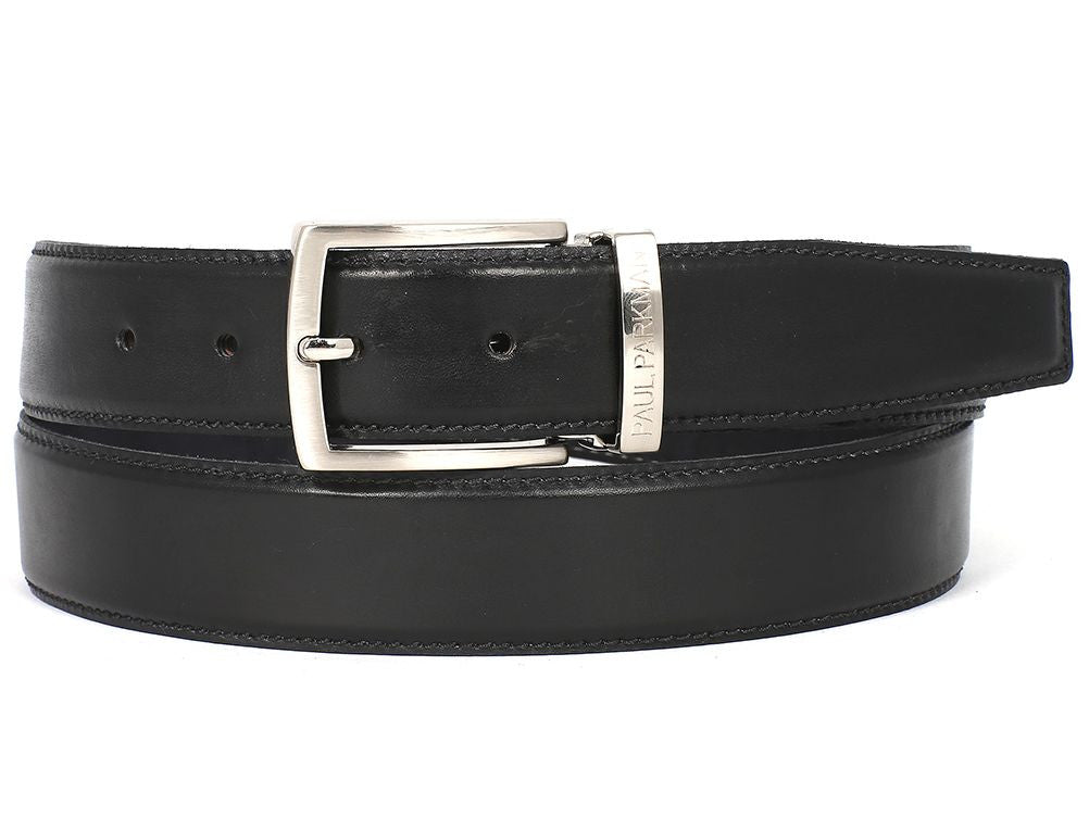The Paul Parkman Leather Belt Hand-Painted Black - B01-BLK, by Paul Parkman, is crafted from premium calfskin leather and showcases a sleek black design with a silver buckle and two visible holes.