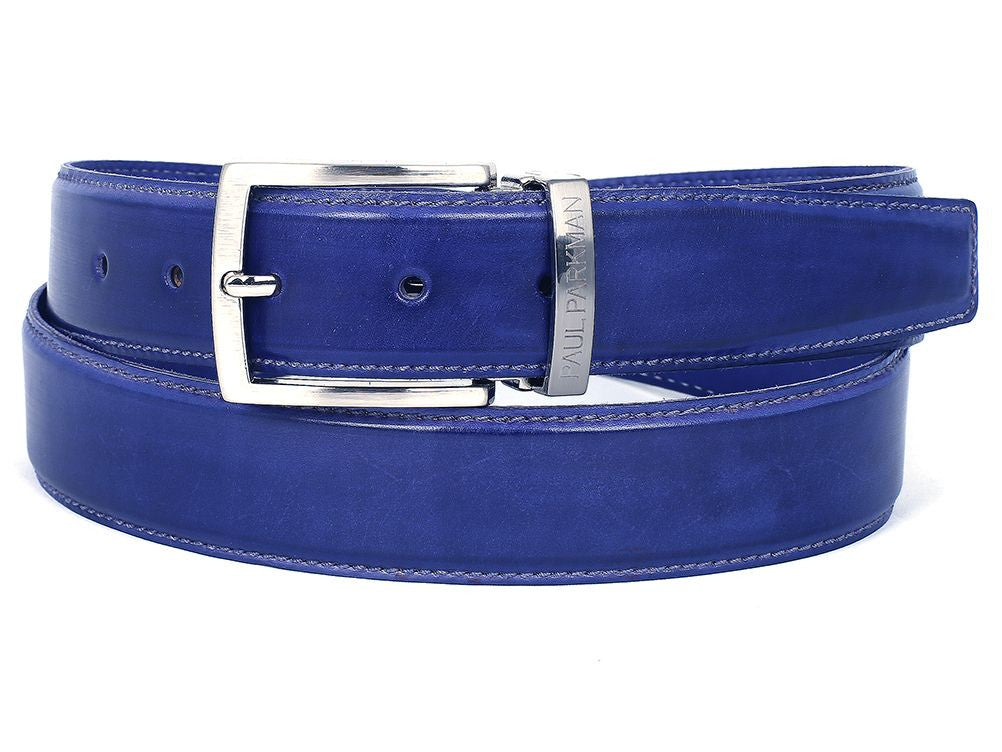The Paul Parkman Men's Handmade Leather Belt Hand-Painted Blue B01-A is crafted from Italian calfskin in cobalt blue, with a silver engraved buckle and visible stitching.