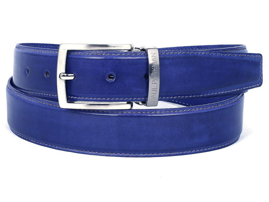 The Paul Parkman Men's Handmade Leather Belt Hand-Painted Blue B01-A is crafted from Italian calfskin in cobalt blue, with a silver engraved buckle and visible stitching.