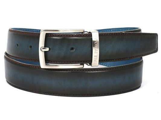 A rolled-up Paul Parkman Men's Dual Color Patina Hand-Painted Leather Belt in blue & brown (B01-B), featuring Italian leather, a silver buckle, and a metal tag engraved "PAUL PARKMAN.