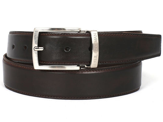 The Paul Parkman Leather Belt Hand-Painted Dark Brown B01-DARK-BRW, featuring a rolled-up design with a silver buckle, is perfect for those who appreciate quality craftsmanship.