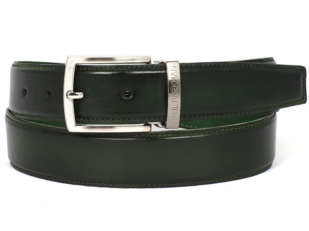 The Paul Parkman Men's Handmade Leather Belt B01-A features hand-painted dark green Italian calfskin, a silver buckle engraved with "Paul Parkman," and visible stitching, showcasing refined craftsmanship.