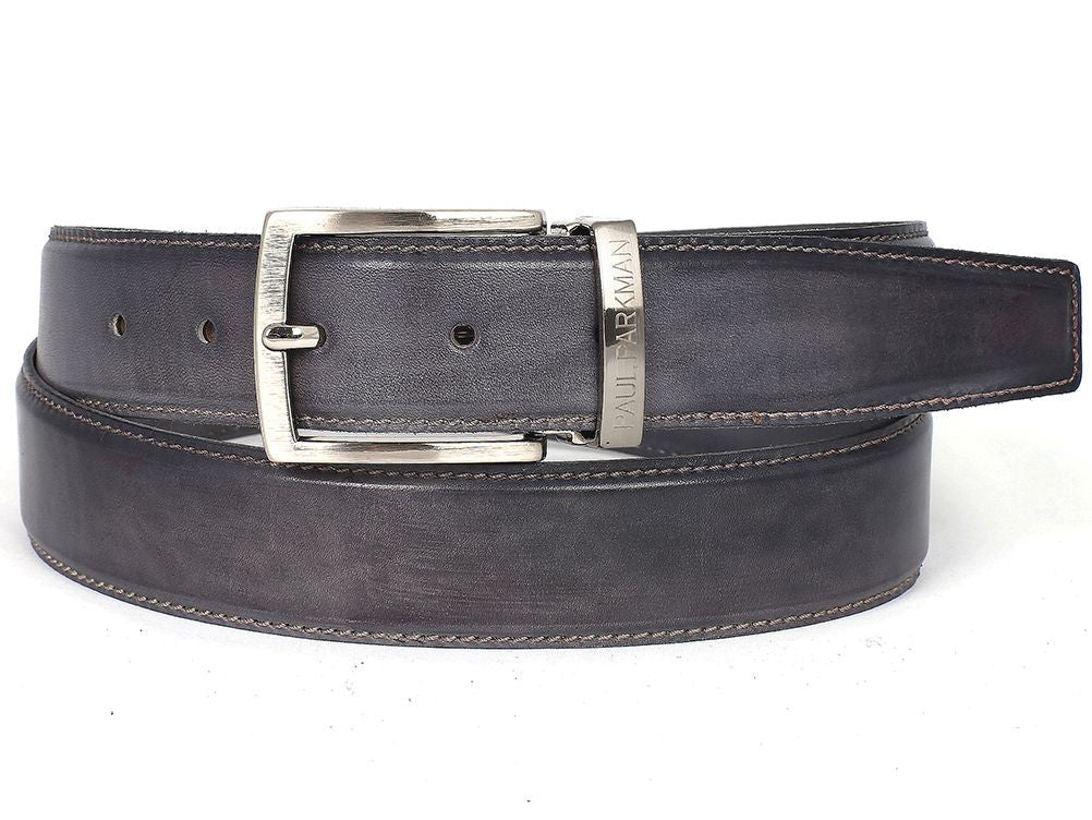 The Paul Parkman Men's Handmade Leather Belt Hand-Painted Gray B01-A features a hand-painted gray Italian leather strap with a silver rectangular buckle and "Paul Parkman" engraved on a metal tag near the buckle.