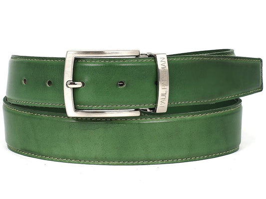 Paul Parkman's hand-painted green leather belt, crafted from Italian calfskin, features a silver buckle, visible stitching, and an elegantly engraved logo on the side.