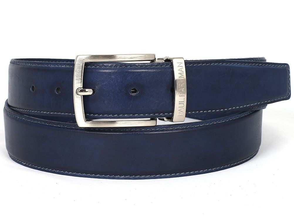 The Paul Parkman Men's Handmade Leather Belt Hand-Painted Navy B01-A is crafted from Italian calfskin leather with a silver buckle engraved "PAUL MAN" beside the buckle.