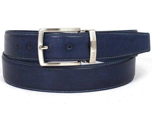 The Paul Parkman Men's Handmade Leather Belt Hand-Painted Navy B01-A is crafted from Italian calfskin leather with a silver buckle engraved "PAUL MAN" beside the buckle.