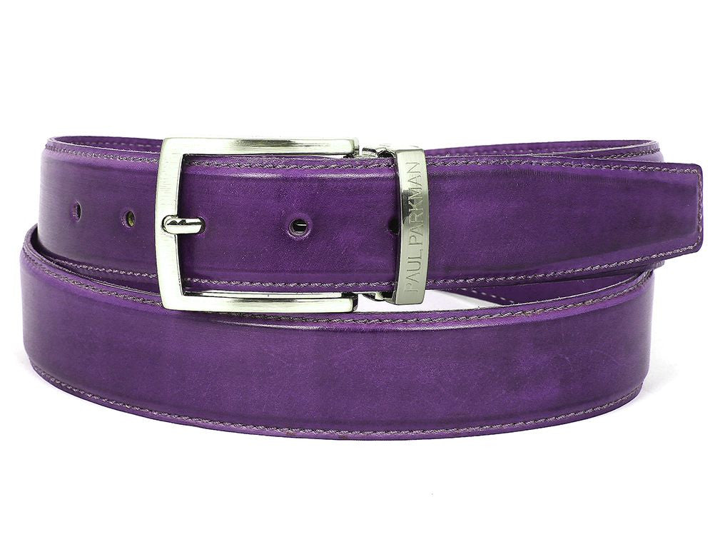 The Paul Parkman Leather Belt Hand-Painted Purple - B01-PURP, crafted by Paul Parkman, is made from luxurious Italian calfskin leather and features a gleaming silver buckle.