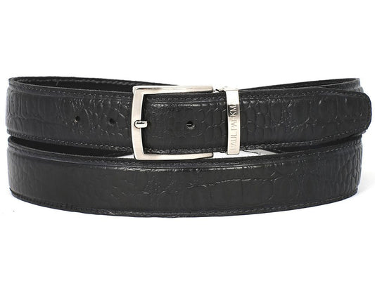 The Paul Parkman Men's Crocodile Textured Leather Belt Black B02 features a luxury crocodile pattern and a silver rectangular buckle engraved with "PAUL PARKMAN.