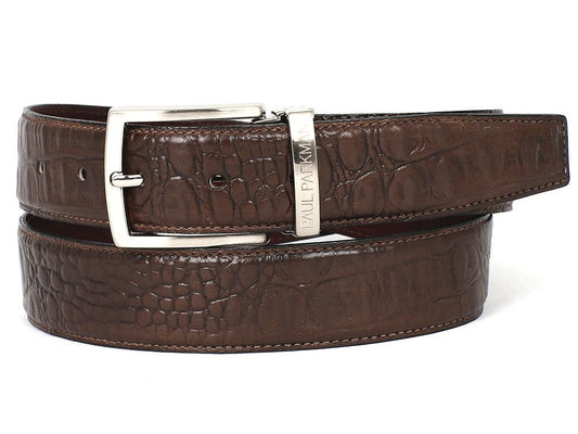 The Paul Parkman Men's Crocodile Textured Leather Belt Brown B02 features hand-painted brown leather, a silver buckle, and a metal tag engraved with the brand's name.
