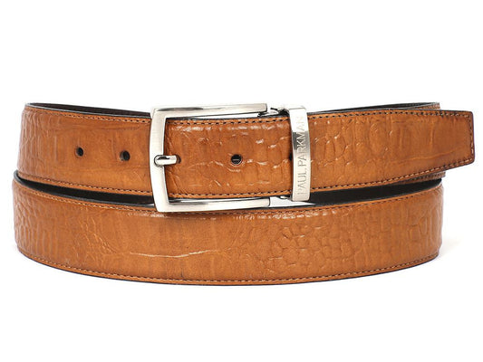 The Paul Parkman Croc Embossed Calfskin Belt Camel - B02-CML is a brown leather accessory with a silver buckle, featuring an embossed crocodile texture and subtle branding on the buckle, beautifully hand-painted in camel for an exquisite finish.