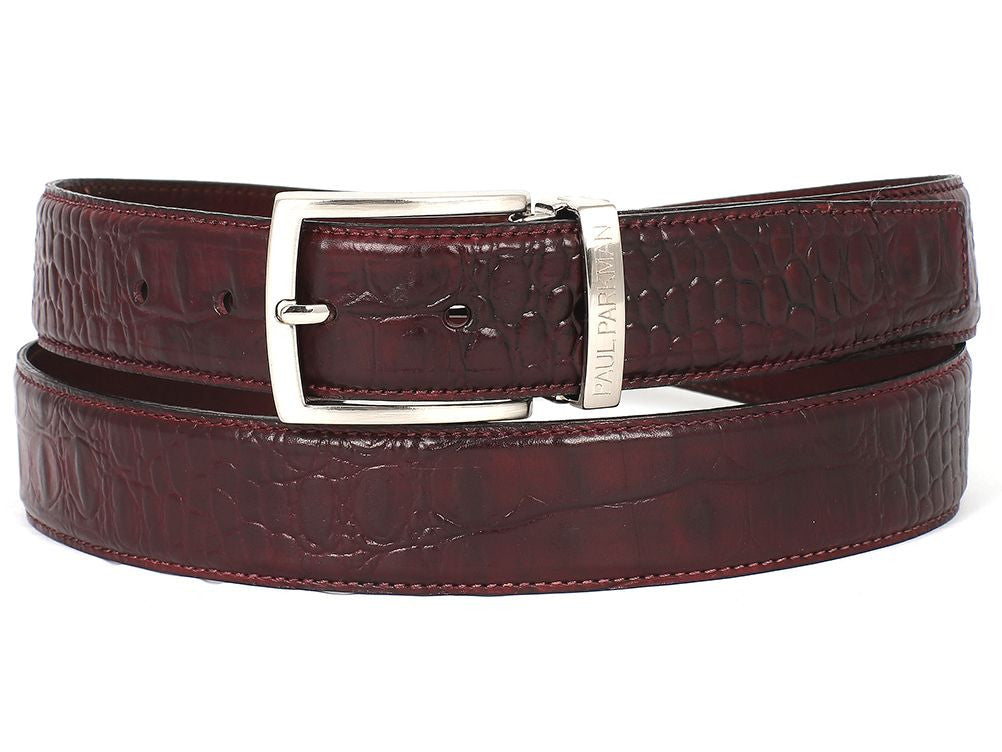 The Paul Parkman Men's Crocodile Textured Leather Belt Bordeaux B02 features a dark brown crocodile pattern, a silver buckle, and a metal plate engraved with "Paul Parkman.