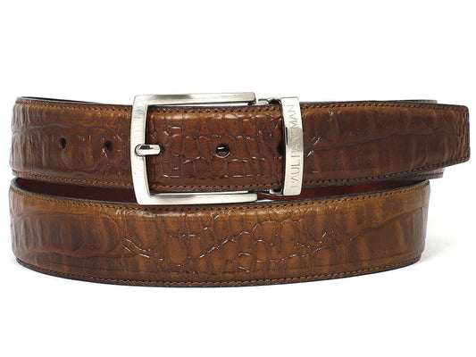 The Paul Parkman Men's Crocodile Textured Leather Belt in olive features a silver rectangular buckle and "PAUL REVERE" engraved on the loop, showcasing refined Paul Parkman craftsmanship.