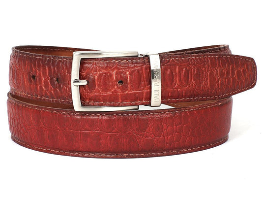 The Paul Parkman Men's Crocodile Textured Leather Belt in reddish brown (B02) features a silver buckle and engraved metal tag, blending signature style with sophistication.