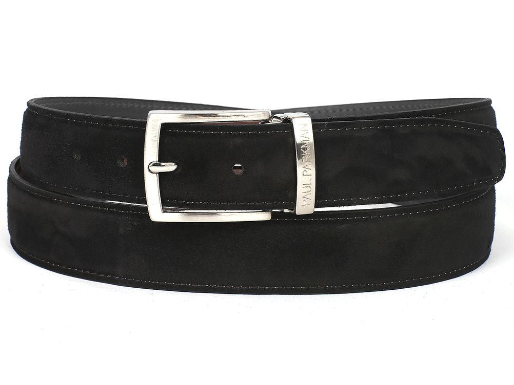 The Paul Parkman Men's Handmade Premium Suede Belt Black B06 is a made-to-order black suede belt with a silver rectangular buckle, engraved with "PAUL PARKMAN".