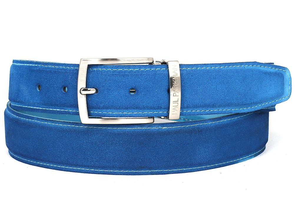 The Paul Parkman Men's Handmade Premium Suede Belt Blue B06 features blue suede, a silver rectangular buckle with the brand name, and multiple adjustment holes—a refined accessory for a stylish finish.