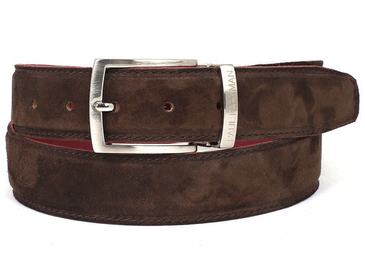The Paul Parkman Men's Handmade Premium Suede Belt Brown B06 features brown suede, hand-painted details, visible stitching, and a silver rectangular buckle engraved with "PAUL PARKMAN.