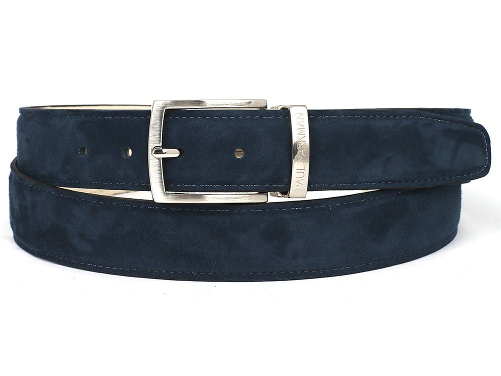The Paul Parkman Men's Handmade Premium Suede Belt Navy B06 features hand-painted navy suede, a silver buckle, and a metal plate engraved with the Paul Parkman brand name for timeless sophistication.