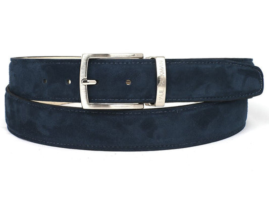 The Paul Parkman Men's Handmade Premium Suede Belt Navy B06 features hand-painted navy suede, a silver buckle, and a metal plate engraved with the Paul Parkman brand name for timeless sophistication.