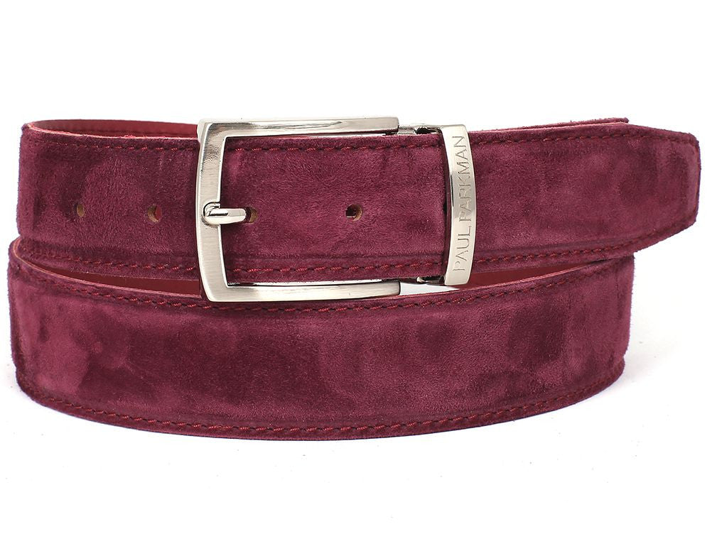 The Paul Parkman Men's Handmade Premium Suede Belt in purple (B06) features a silver "PAUL PARKMAN" engraved buckle and is displayed coiled on a white background.