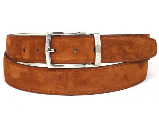 The Paul Parkman Tobacco Suede Belt - B06-TABA is a refined accessory featuring a silver buckle, three adjustable holes, and a subtle engraved logo near the buckle. Pair it elegantly with Paul Parkman shoes to achieve a polished look.
