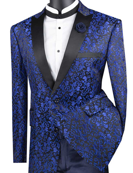 The Vinci Suits Regular Fit Floral Pattern Jacket Peak Lapel (Blue) BF-2 boasts a blue and black floral design with satin peak lapels, accented by a black button. Paired with a white dress shirt and black rose lapel pin, it exudes classic elegance.