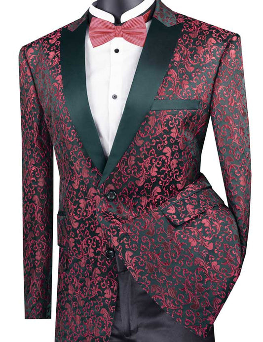 A mannequin displays the Vinci Suits Regular Fit Floral Pattern Jacket Peak Lapel (Red) BF-2, featuring a black and red floral pattern. The shiny black lapels pair with a white dress shirt, bold red bow tie, and sleek black pants.