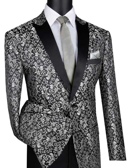 Close-up of a mannequin wearing the Vinci Suits Regular Fit Floral Pattern Jacket (Silver) with peak lapels, paired with a crisp white shirt, gray tie, and pocket square.
