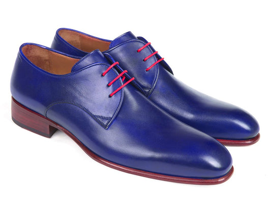 These Paul Parkman Blue Hand Painted Derby Shoes - 633BLU13 are an elegant choice, showcasing striking red laces and a distinctive wooden heel detail. Made from hand-painted calfskin, these stylish plain-toe derby shoes are crafted made-to-order for those who value sophistication and individuality.