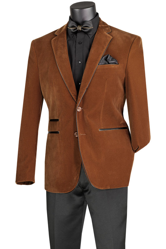 The mannequin elegantly showcases a Vinci Suits Slim Fit Velvet Sport Coat (Bourbon) BS-02, featuring black lapels, paired with a black shirt and bow tie.