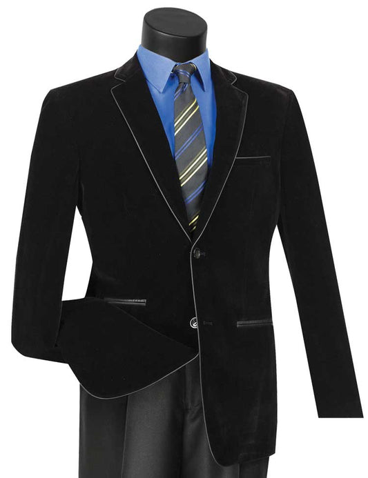 The mannequin features Vinci Suits' Slim Fit Velvet Sport Coat (Black) BS-02, elegantly paired with a blue shirt and striped tie, exuding modern sophistication.