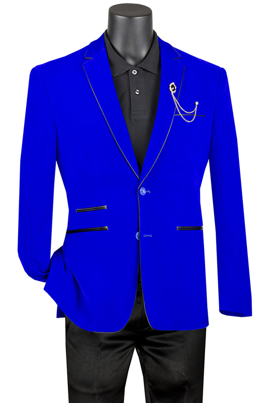 The mannequin is styled in Vinci Suits' Slim Fit Velvet Sport Coat (Royal) BS-02, featuring black trim over a black shirt and pants. A gold chain accessory is pinned to the jacket, adding an elegant touch.