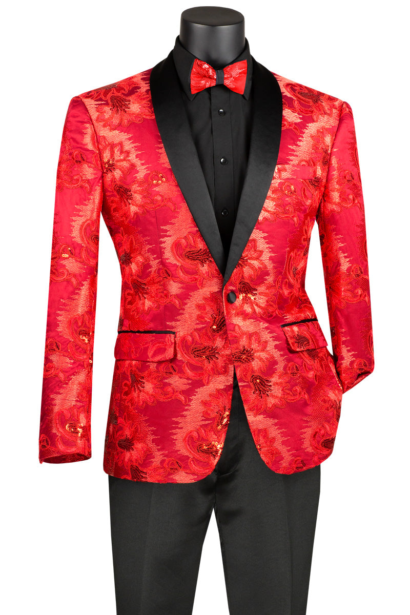 The Slim Fit Embroidered Shawl Lapel with Bow Tie Jacket (Red) BSF-13 by Vinci Suits features a red floral pattern, black satin shawl lapels, and matching bow tie. Worn over a black shirt and slim-fit pants, its wrinkle-resistant fabric ensures you stay sharp all night long.